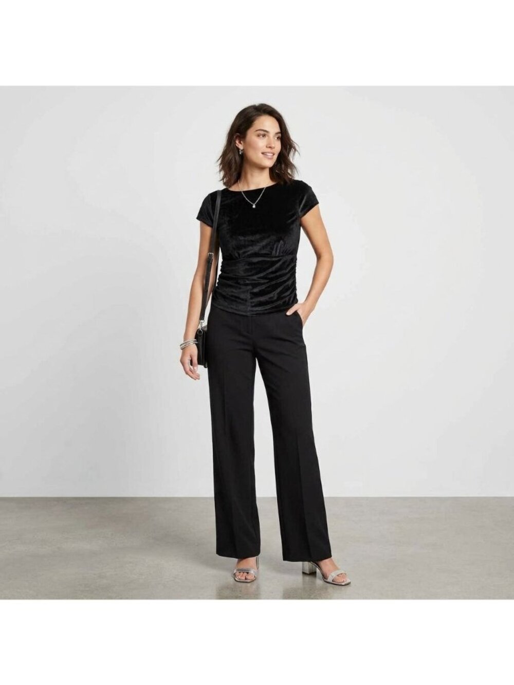 A New Day Blouse Top Size Small Black Velvet Short Sleeve Empire Waist